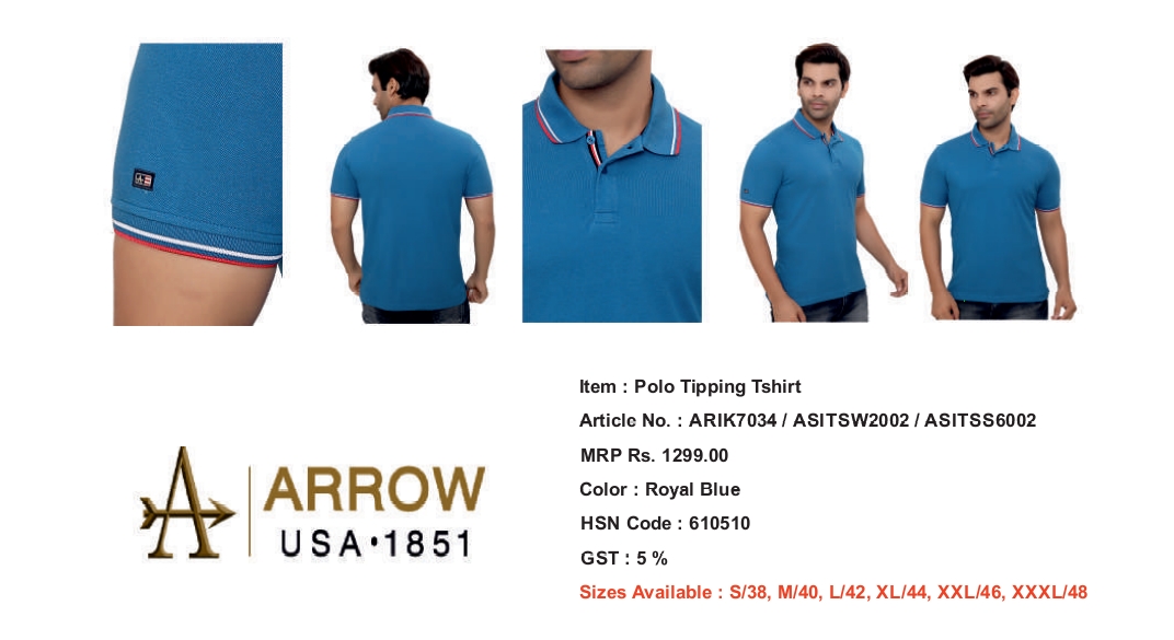 ARROOW TIPPING T SHIRT ROYAL BLUE COLOR