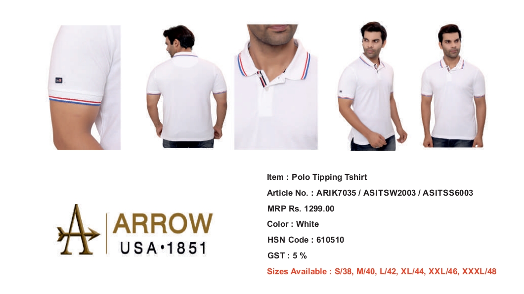 ARROOW TIPPING T SHIRT WHITE COLOR