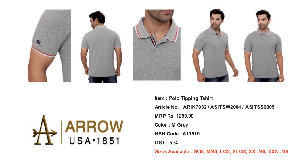 ARROOW TIPPING T SHIRT M GRAY COLOR